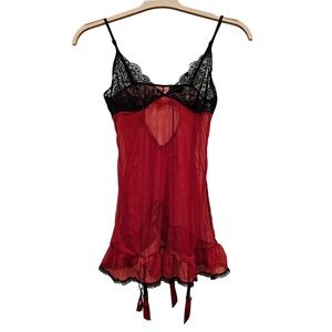 Frederick's of Hollywood Red Lace Babydoll Garter Lingerie Top Lingerie Large